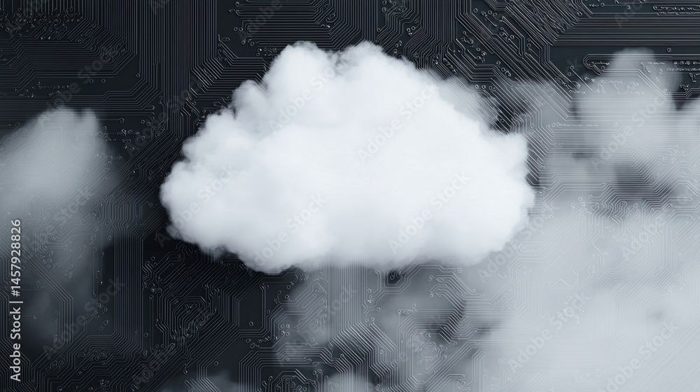 Poster a fluffy white cloud floats over a dark circuit board background, symbolizing cloud computing techno