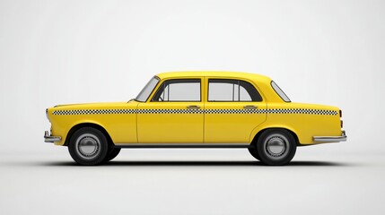 Isolated Yellow Taxi Cab on White Background Side View Studio Shot Classic Design Transportation Vehicle Service