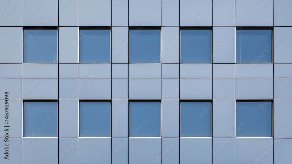 Poster modern building facade with a grid of blue-tinted square windows and geometric metal panels in a sym