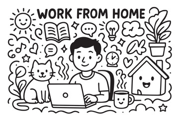 Work from home vector doodle background in black and white with relaxed workers, headphones, home offices, digital tools, and flexible working environments.