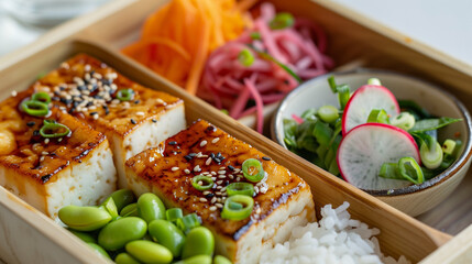 Traditional Japanese Vegan Bento Box with Rice, Tofu, and Seasonal Vegetables in Compartment Tray