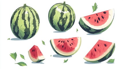 Watermelon slices and whole watermelons illustration