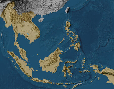 Highlighted Southeast Asia map of land and ocean floor terrain with blended colors and satellite imagery (cylindrical equal-area projection)