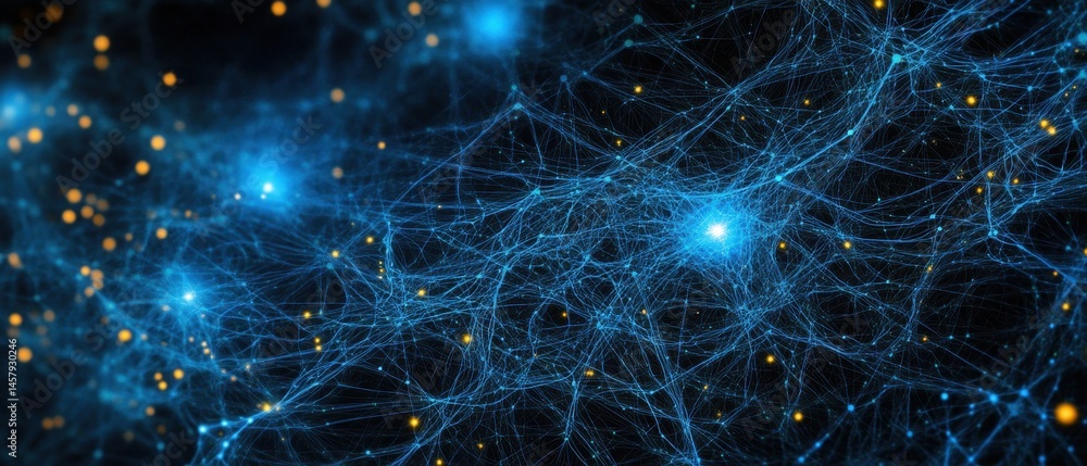 Aufkleber abstract neural network connection with blue lines and golden dots on black background