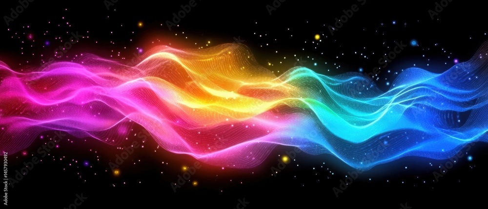 Poster abstract colorful wave on black background with glittering particles and glowing light