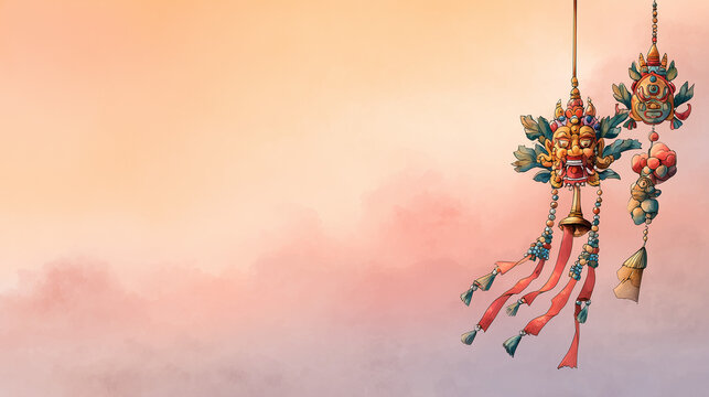 Traditional Hemis Festival Accessories in Watercolor Banner Featuring Cham Mask Perak Headpiece Coral Jewelry and Ritual Musical Instrument Under Sunset Sky
