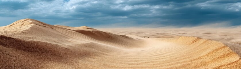 Fototapeta premium Panorama sand storm in arid desert with massive wind concept. A vast desert landscape showcasing rolling sand dunes under clouds.