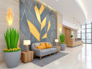 Modern Lobby Interior with Gray Sofa and Gold Geometric Wall Art