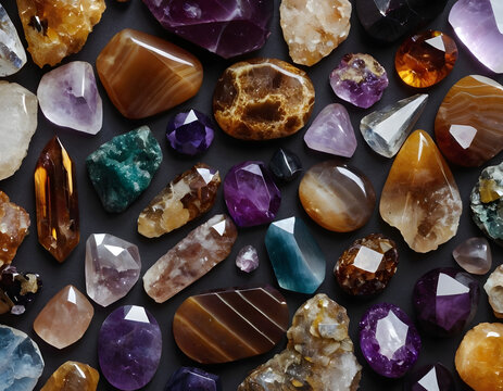 Many crystals and gemstones on a dark background, including natural minerals like agate, amber, amethyst, and the scattering of precious stones.