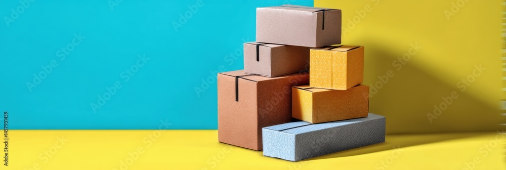 Poster Colorful Stack of Shipping Boxes Displays Branding Against a Vibrant Blue and Yellow Background in a Well-Lit Setting Generative AI