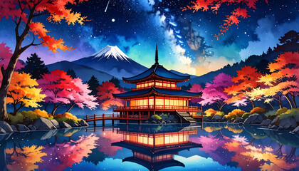 Fototapeta premium 星空と紅葉に彩られた湖畔の日本の寺院