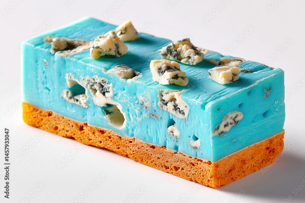Poster rectangular block of blue cheese exhibits unique mold in minimalist style. ideal setting emphasizes 