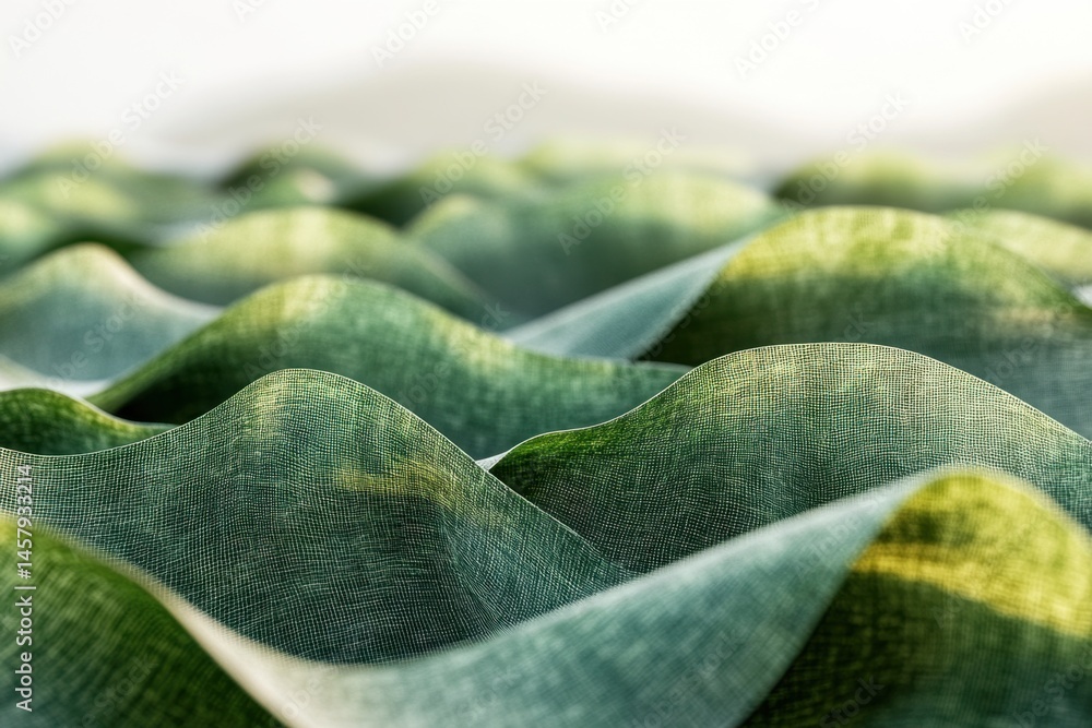 Poster abstract green fabric waves in macro photography with soft lighting and textured surface for backgro