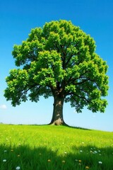 Fototapeta premium Ancient oak, perfect canopy against blue sky, tranquil meadow, clouds, nature, countryside