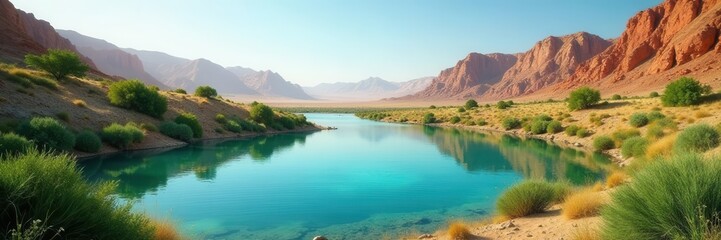 Lush greenery, cool water, contrasts arid desert landscape, wildlife, sun, wild