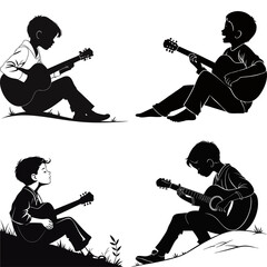 Kids Playing Guitar Silhouette Vector Set &ndash; Musical Child Silhouettes