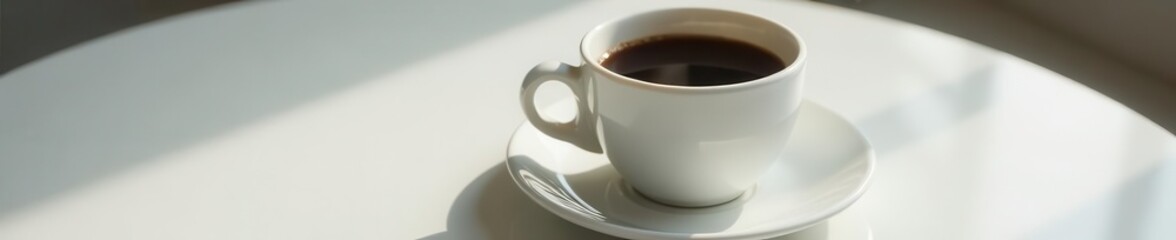 Mirror-like black coffee set on white ceramic plate, clean, life