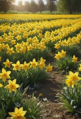 Fototapeta premium Sunlit daffodils burst forth in vibrant yellow, a sea of blooms across a verdant field , daffodils, garden, flora