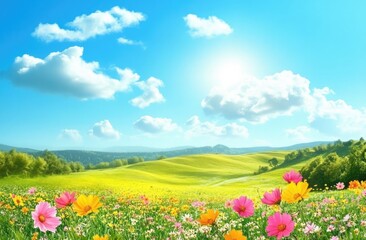 Fototapeta premium Blooming Meadow, Vibrant Cosmos Flowers, Green Hills, Sunny Sky, and Cumulus Clouds