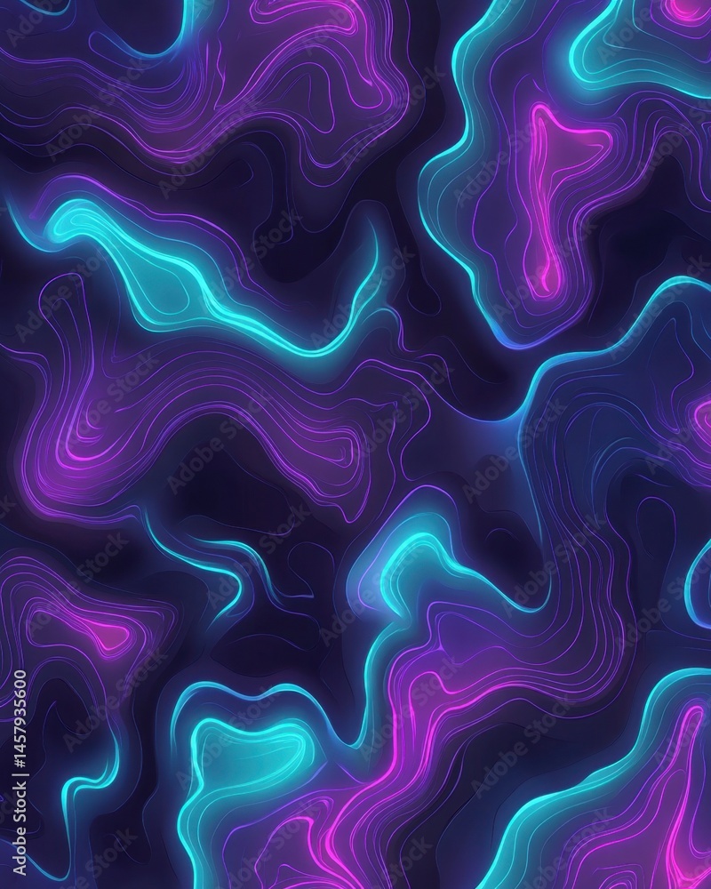 Poster abstract topographic map with neon glow in purple and teal seamless pattern design for backgrounds a
