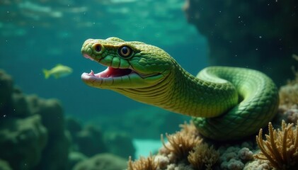Fototapeta premium Olive green sea snake swallowing fish underwater, wildlife, olive, predator