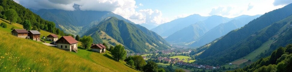 Naklejka premium Panoramic view of Najac village & surrounding valley, aerial, valley, France