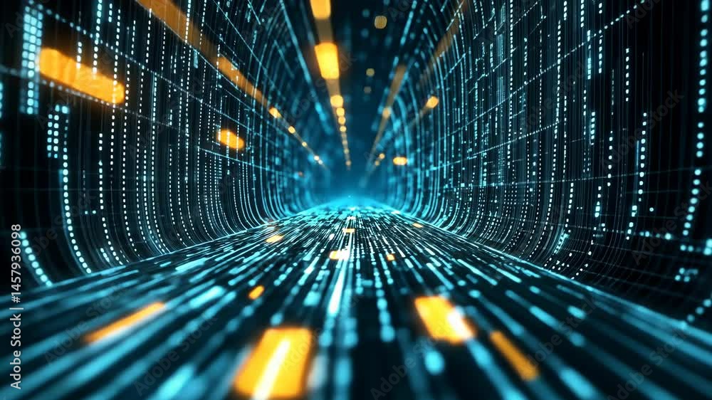 Poster digital tunnel of glowing data streams and vibrant lights creating futuristic atmosphere
