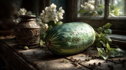 Vintage Still Life with Ornate Vase and Fresh Watermelon on Rustic Wooden Table Sunlit Window