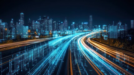 Futuristic city highway at night with data streams and light trails