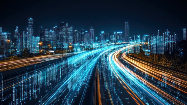 Futuristic city highway at night with data streams and light trails