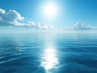 Fototapeta premium Bright Sun Illuminating Azure Ocean Waters With White Puffy Clouds Overhead