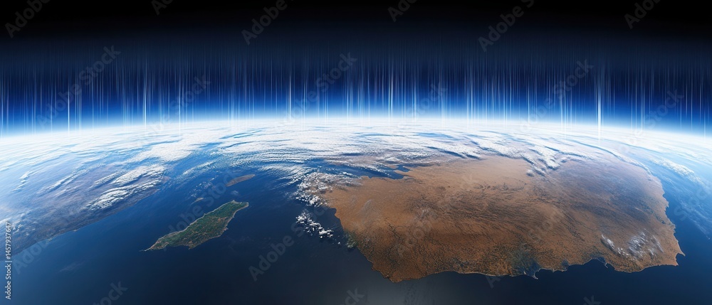 Poster earth view from space with atmospheric glow and data streams visual representation