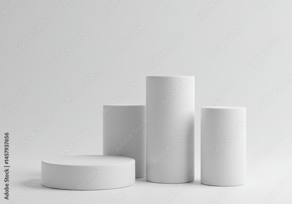 Poster Minimalist White Cylinders Product Display Studio Background Mockup Scene 3D Clean Empty Shapes