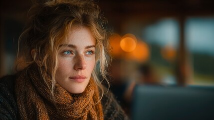 Warmly Lit Portrait of a Woman with Freckles and Blue Eyes Wearing a Cozy Knit Scarf in a Soft