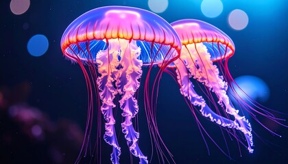 Fototapeta premium Two glowing jellyfish float gracefully underwater, illuminated by vibrant blue and purple lights.