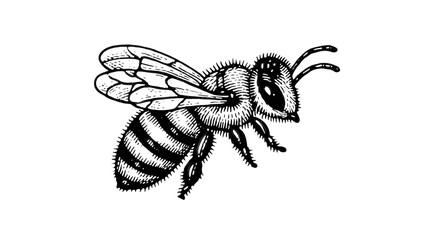 Obraz premium Honeybee in Flight Black White Ink Illustration.