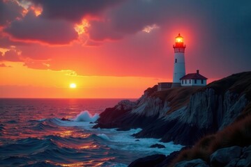 Solitary lighthouse, fiery orange sky Rugged rocks , navigation, cliff, scene