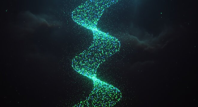 Abstract glowing binary code helix in dark space - Powered by Adobe