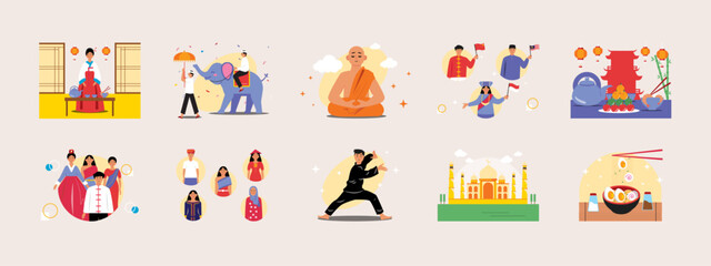 Asian culture illustration set Flat vector illustration concept.