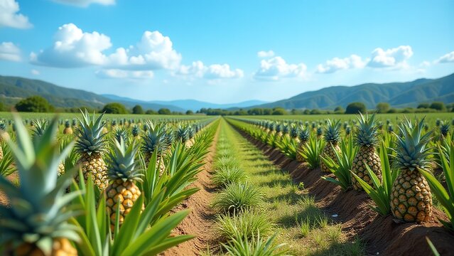 Pineapple plantation under bright sky, International Pineapple Day tribute to sustainable farming, Lush green fields filled with rows of ripening pineapples