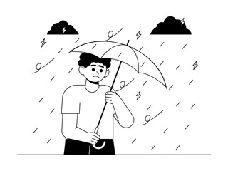 Extreme weather can cause natural disasters and disrupt social activities. Social issue vector illustration. Black and white style. Flat and outline illustration concept.
