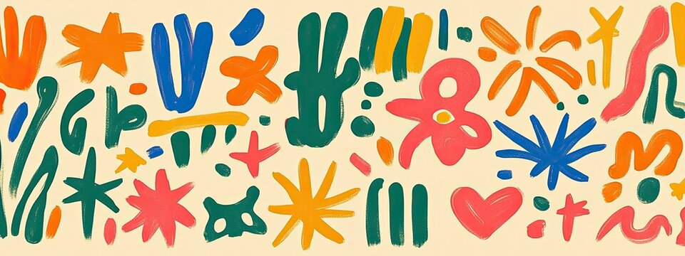 Colorful HandDrawn Shapes Pattern Orange Stars, Pink Flower, Blue Elements on Cream