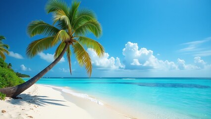 Island palm tree view, Blue ocean and clear sky, Heaven-like tropical escape, Travel and beach paradise