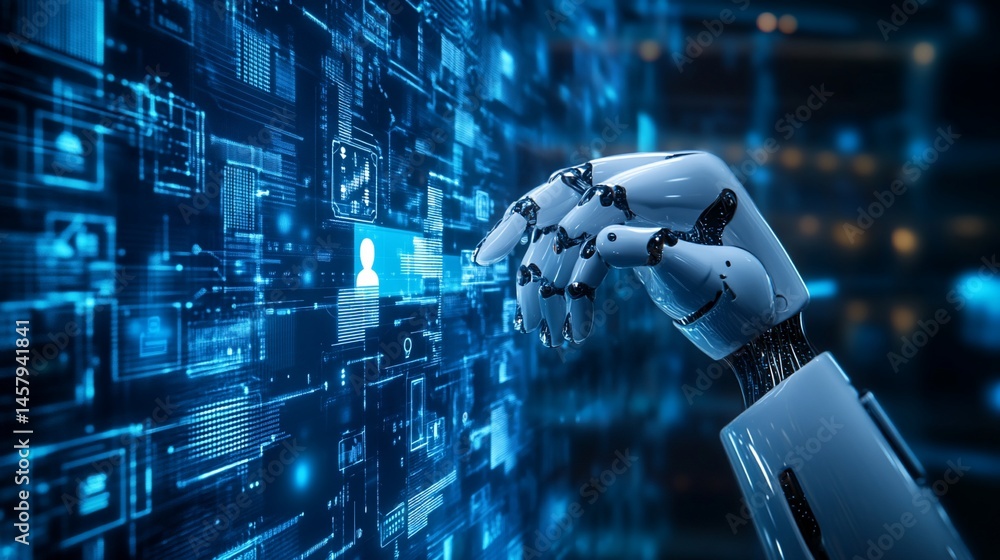Poster robotic arm interacting with digital interface, highlighting artificial intelligence and technology