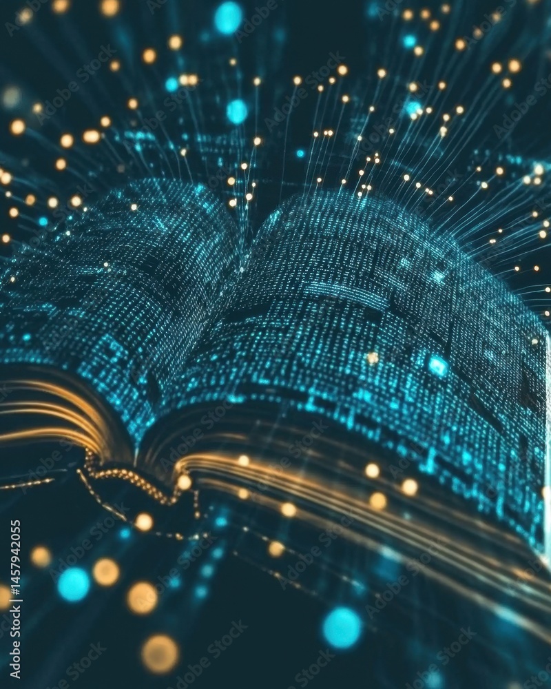 Aufkleber digital book opens revealing data stream network connecting knowledge in a futuristic style for educ