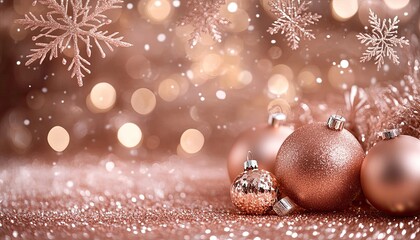 Decorative Rose Gold Baubles and Glittering Snowflakes with Bokeh Light Effect