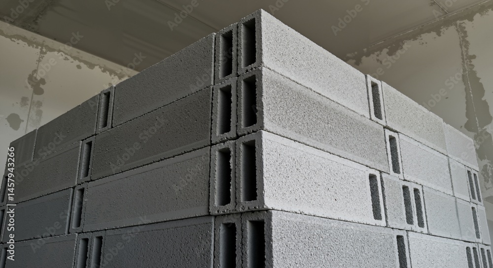 Aufkleber a large stack of grey concrete blocks is piled up inside an unfinished building, ready for use in co