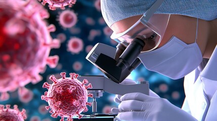 Scientist Examining Virus Particles Under Microscope in Laboratory
