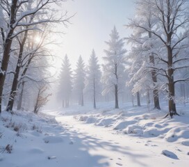Obraz premium Serene snowfall blankets pristine winter landscape, soft light , snowfall, cold