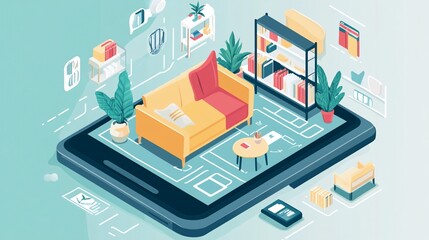 Obraz premium Isometric Illustration of Interior Design Application on a Tablet Screen